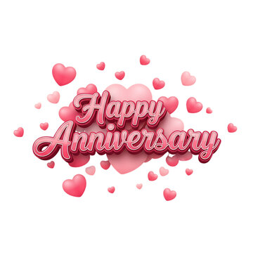 Happy anniversary typography with pink hearts and soft floating bubbles on transparent background