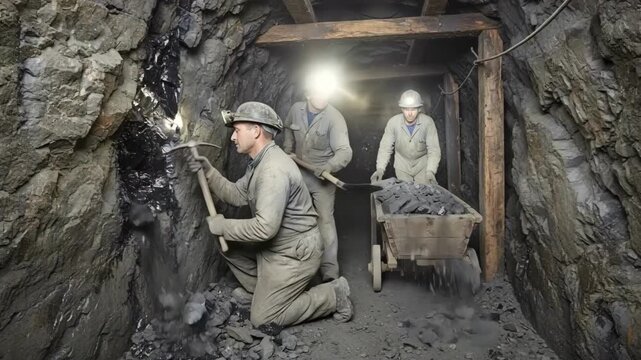 Narrow lead ore tunnel with miners navigating tight quarters carefully chipping away at the solid rock to expand the underground passage.