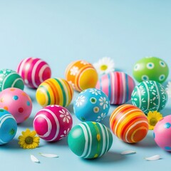 Fototapeta premium Vibrant Easter eggs with colorful patterns on light blue background