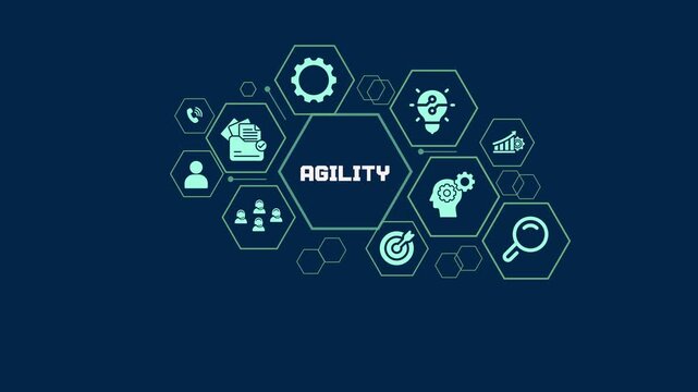  Business agility and adaptive strategy concept with icons representing rapid response, flexible workflow, and corporate speed in digital transformation.