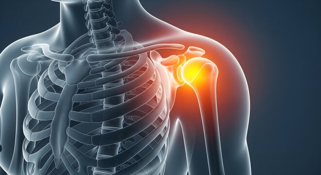 Shoulder Joint Pain Illustration with Highlighted Inflammation, Orthopedic Injury and Rotator Cuff Concept, Medical Anatomy and Rehabilitation Background