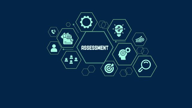 Strategic business assessment and performance evaluation banner with analytical icons and corporate project review concept.