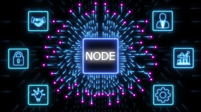 Central network node with glowing neon circuits and surrounding technology