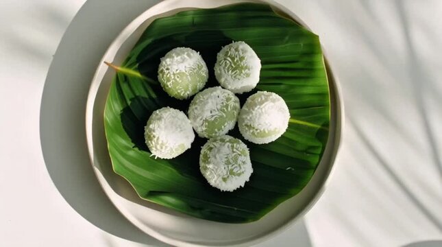 Vibrant green sweet tropical treats, meticulously dusted with delicate coconut flakes, elegantly served on a fresh banana leaf, creating a visually appealing and delicious snack experience