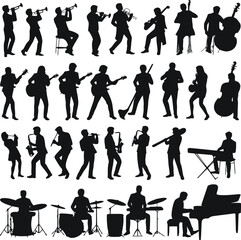 Fototapeta premium Silhouettes of musicians playing various instruments in dynamic poses
