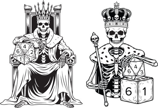 Skeleton King with Crown Holding Dice &ndash; Dark Fantasy Line Art Illustration, Gothic skeleton king illustration, crowned death throne vector, dark fantasy art, regal undead ruler, black and white skelet