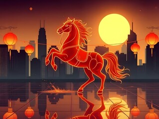 Glowing Red Horse Illustration with City Skyline and Full Moon