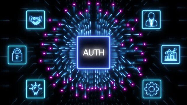 Central AUTH chip with surrounding neon and digital circuit board pathways Keywords: AUTH