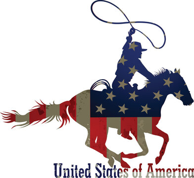 USA Flag and the silhouette of an authentic western cowboy on horseback