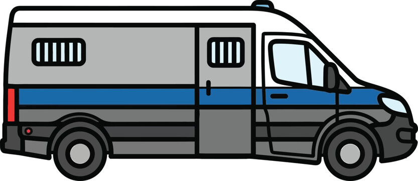 Police transport van illustration with blue stripe and barred windows isolated on white background