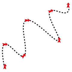 Red airplane path. Flight route Vector. Black dotted line. Travel navigation map.