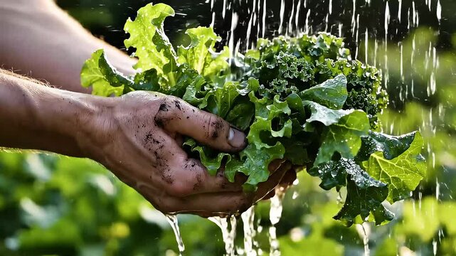 Hands lifting fresh leafy greens as water droplets fall in slow motion