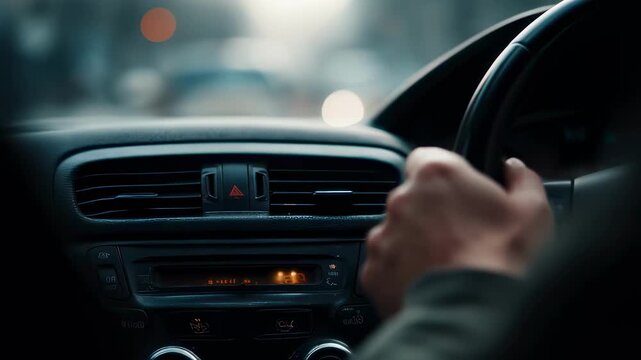 Interior car medium shot capturing the drivers arm reaching towards a dashboard alert for timely predictive service with the rest of the cockpit softly blurred.
