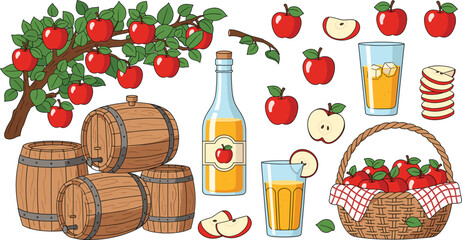 Apple Harvest and Cider Illustration Set Featuring Apple Tree, Wooden Barrels, Juice Glasses, Bottle and Basket
