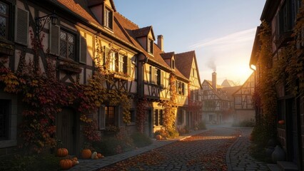 Historic buildings along cobblestone street illuminated by sunlight