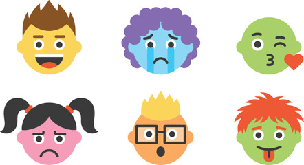 Obraz premium Cartoon Kids Face Illustration Set with Different Emotions and Expressions Isolated on White Background