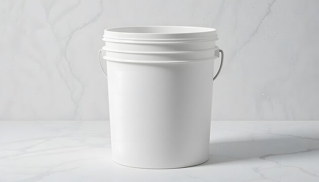 Clean white plastic bucket with a metal handle on a light textured background. 5 gallon pail