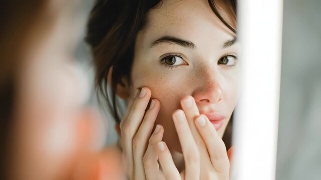 Woman touching her face in front of a mirror, examining her skin closely in a vertical close-up shot indoors