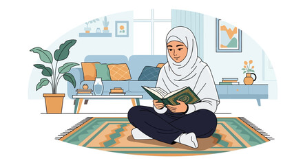 Fototapeta premium Muslim woman reading Quran in a cozy living room, hijab, Islamic culture