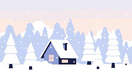 Fototapeta premium Cozy house in a snowy forest landscape illustration.