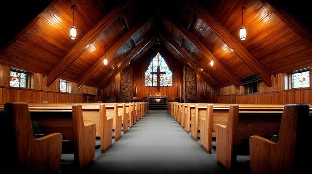 Inviting chapel interior with wooden pews leading to sacred altar and stained glass windows. Peaceful chapel interior features vaulted ceiling, offering serene atmosphere for quiet contemplation.