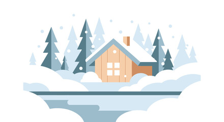 Cozy Winter Cabin Surrounded by Snowy Trees and Frozen Lake.