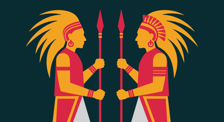 Obraz premium Two warriors facing each other with spears and feathered headdresses.