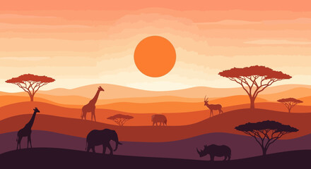 Naklejka premium Serene African savannah landscape with animals at sunset.