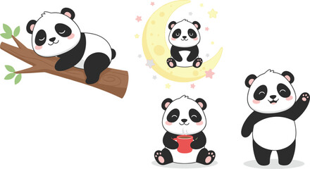 Naklejka premium Cute Panda Cartoon Illustration Set with Sleeping Moon Tea and Waving Pose Isolated on White Background