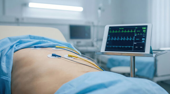 Patient with ECG electrodes on chest and digital heart rate monitor in modern hospital room
