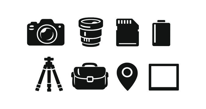 Photography equipment icons: camera, lens, sd card, battery, tripod, bag, location, frame