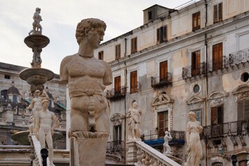 Obraz premium The Praetorian Fountain is a monumental fountain located in Piazza Pretoria in the historic center of Palermo, region of Sicily, Italy. 