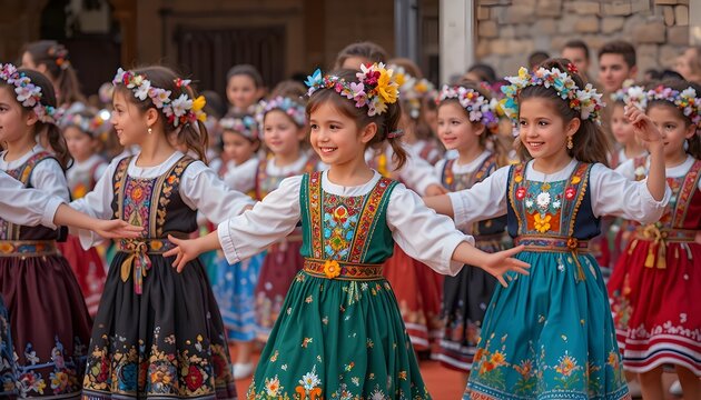 Children performing Turkish folk dance in traditional costumes, cheerful and vibrant

