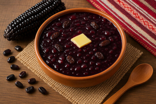 Peruvian purple corn jam dessert. Mazamorra morada stock photo 