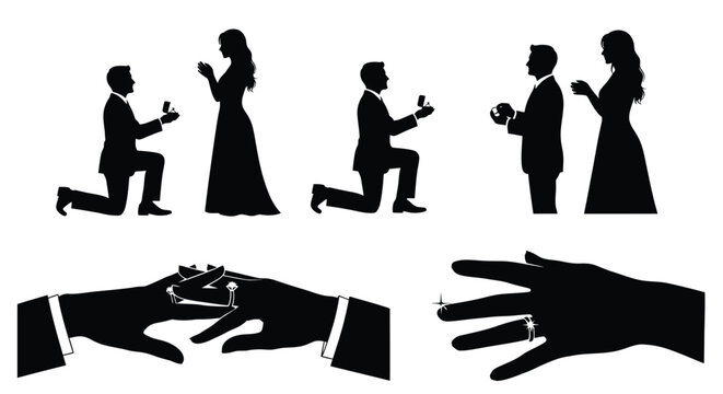 Man proposing to woman with ring in different poses