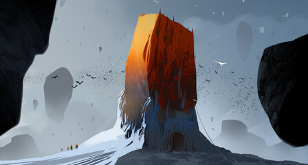 Digital painting concept art depicting a group of explorers journeying across a snowy landscape towards a massive, orange-glowing rectangular monolith. The scene features floating rocks, flying birds,