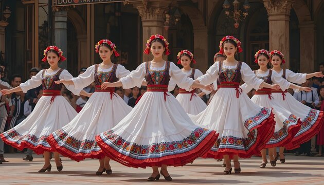 Folk dancers wearing Anatolian traditional dresses, synchronized steps, cultural celebration
