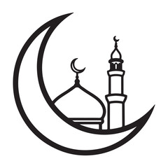 Crescent Moon Mosque Line Art Icon &ndash; Minimal Ramadan Islamic Symbol