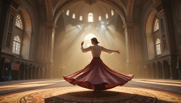 Whirling dervish (Sema dance) inside a historic mosque, spiritual atmosphere, soft golden light
