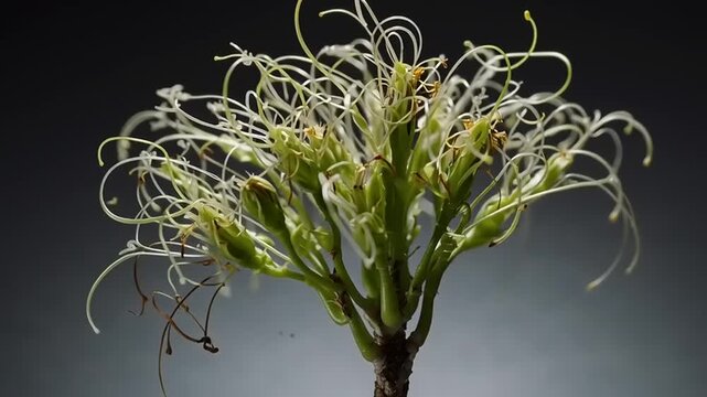 Closeup of green plant with long thin petals.