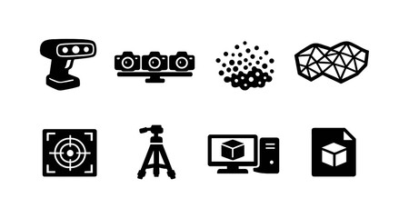 3d scanning technology icons: lasers, cameras, point cloud, and mesh