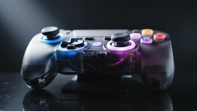A sleek gaming controller illuminated with vibrant colors on a dark reflective surface.