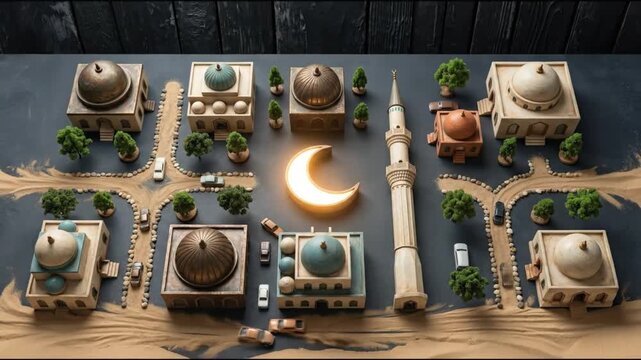 Miniature Islamic city diorama with glowing crescent moon and mosque for Ramadan celebration