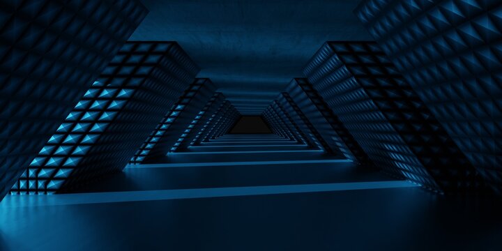Metalic blue abstract technology background. 3D rendering of dark geometrical space with blue reflections. Simple aesthetic art. Cool futuristic backdrop with copy space