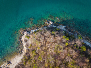 Aerial view white sand beach wave tropical island turquoise water