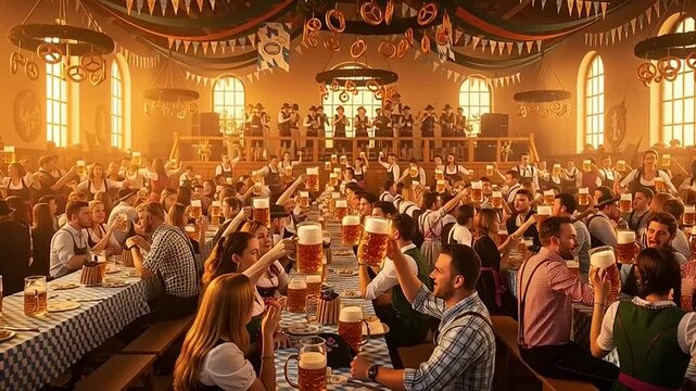 Crowd Enjoying Beer at Oktoberfest Celebration.