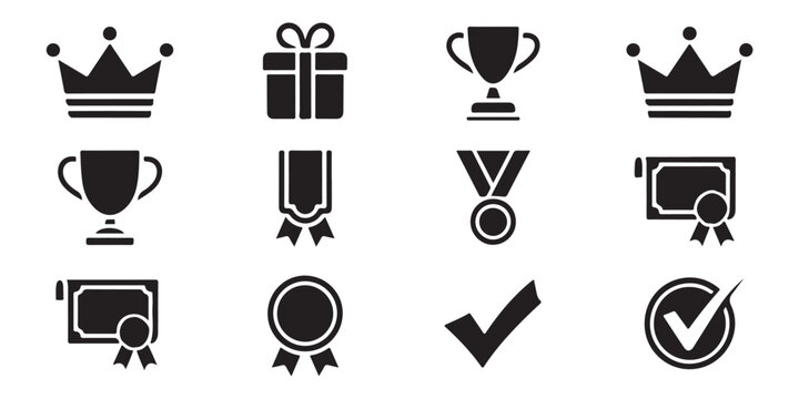 Winner achievement icon set with crown present trophy ribbon medal diploma and check marks