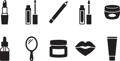 A collection of black silhouette icons representing various makeup and cosmetic products for beauty routines Vector