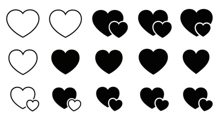 Heart Icons Set: Outline, Solid, Double Heart Symbols