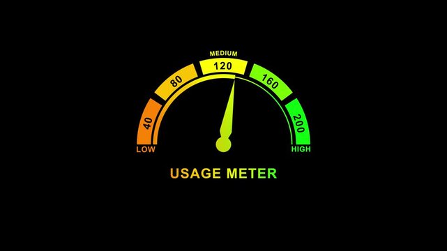 Dynamic neon usage meter gauge with glowing dial displaying medium activity level digital dashboard indicator for analytics data visualization and performance monitoring